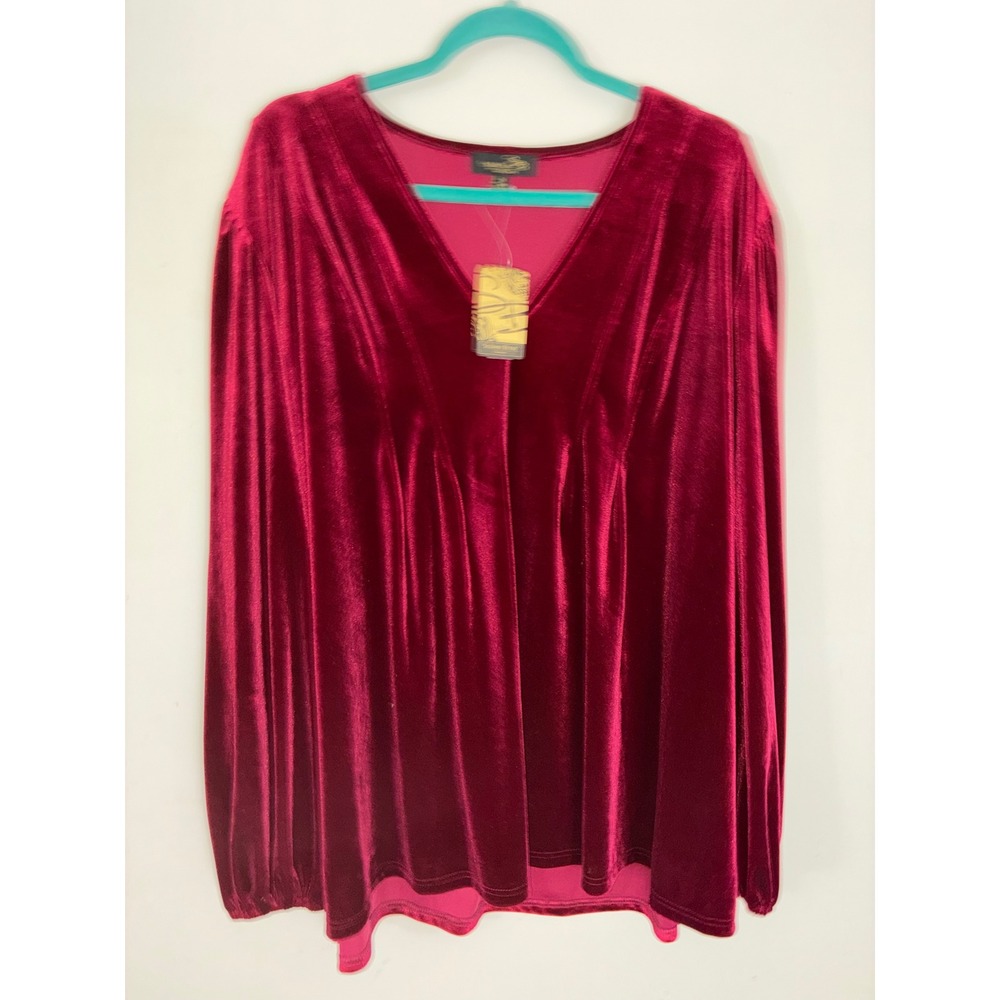 Suzanne Betro Velour Shirt Women 3X Burgundy V-Neck Long Sleeve Velvet Top NEW